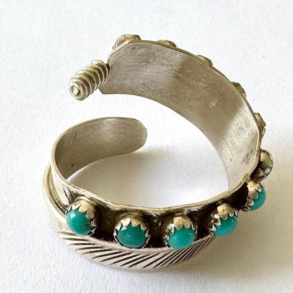 Navajo Turquoise Wrap Ring Feather‎ Sz 6 Adjustable Bypass Sterling Signed AD